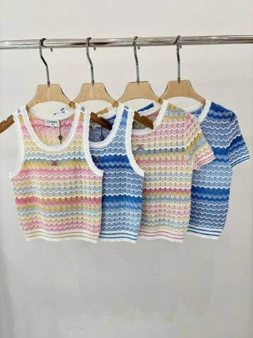Summer Knit Crochet Tops – Colorful Striped Sleeveless & Half-Sleeve