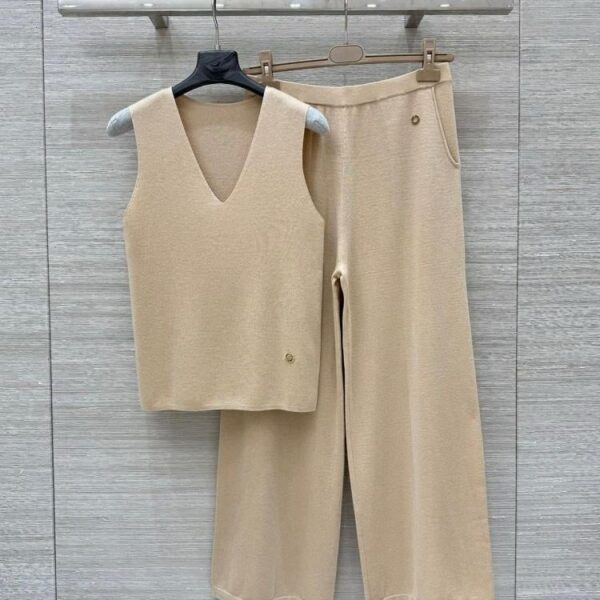 Lorebiana Women's Daily Pajamas V-Neck Top with Wide Leg Pants in Beige