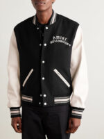 AMIRI  Hollywood Logo-Embroidered Leather and Wool-Blend Flannel Varsity Jacket Black - Image 2