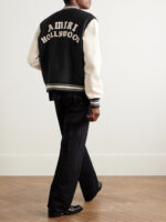AMIRI  Hollywood Logo-Embroidered Leather and Wool-Blend Flannel Varsity Jacket Black - Image 3