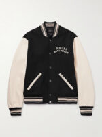 AMIRI  Hollywood Logo-Embroidered Leather and Wool-Blend Flannel Varsity Jacket Black